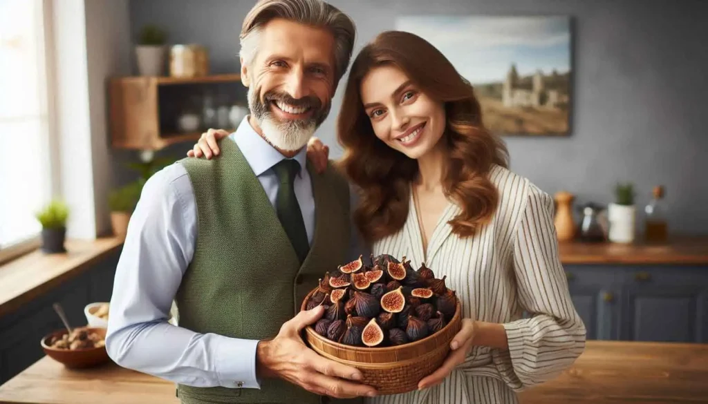 مردی در کنار همسرش با خوشحالی ایستاده و ظرف انجیر در دست دارند