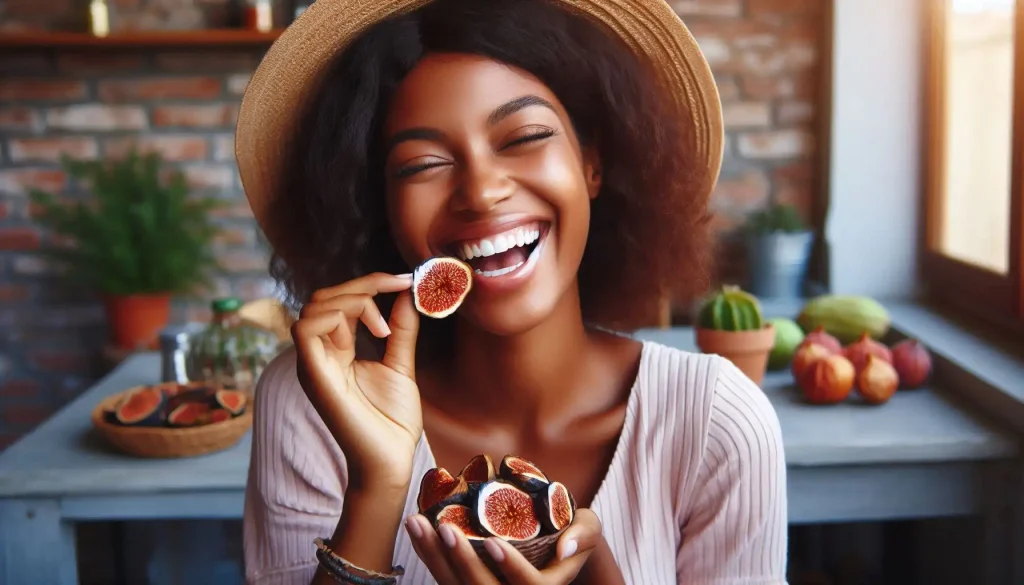 خانمی که با خوشحالی در خوردن انجیر خشک است