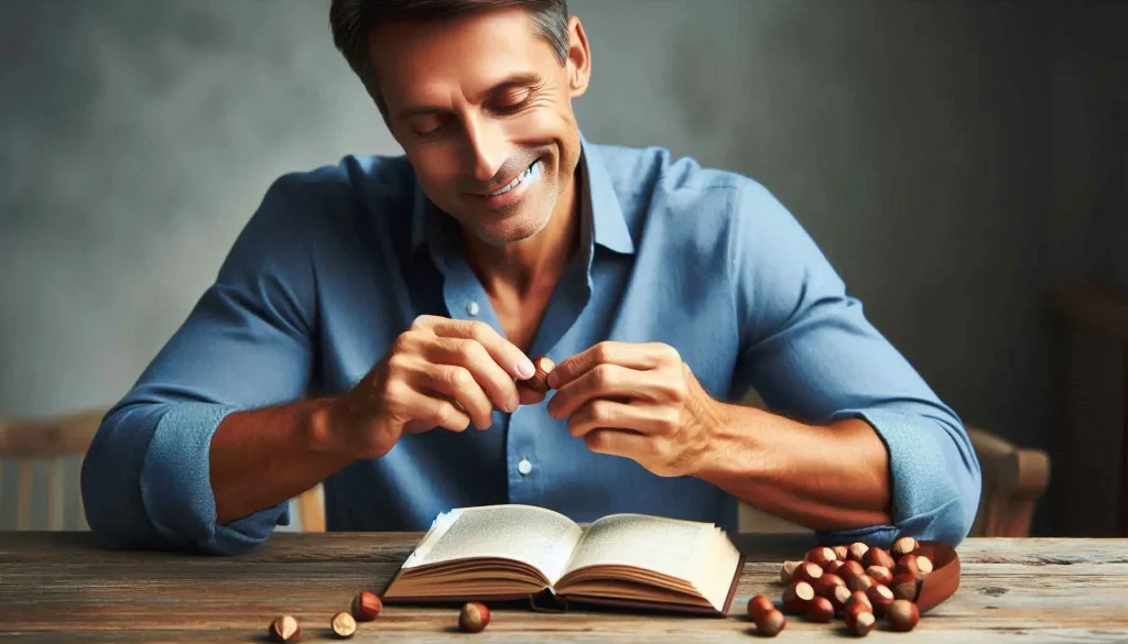 مردی با پوست صاف و شفاف در حال خوردن فندق