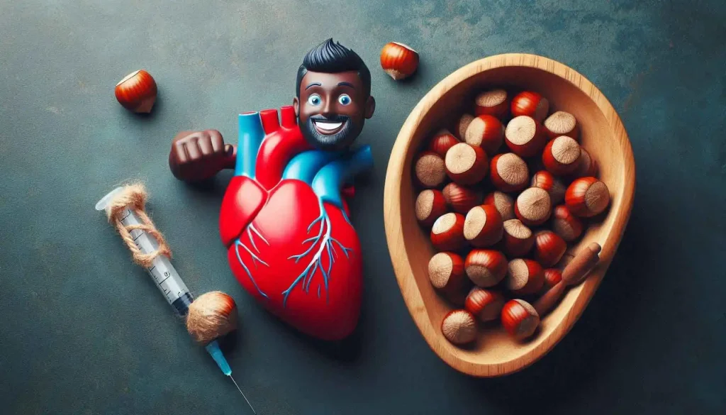 ظرفی حاوی فندق در کنار قلب یک انسان